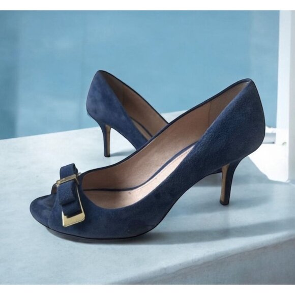 LOUISE ET CIE Blue Suede Bow Heels size 37.5/7.5 - Picture 1 of 9